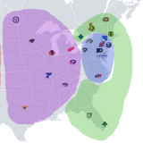A map of the NHL cities, with the new conferences colored in.